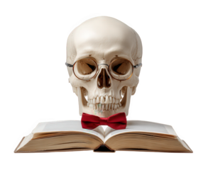 Skull with glasses and red bowtie reading open book, academic, quirky, humorous, isolated on transparency background, symbolizing intelligence and curiosity