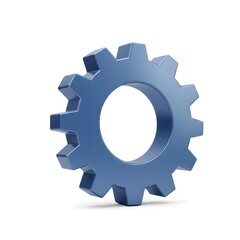Three-dimensional blue metallic gear wheel icon for mechanical engineering, industrial automation, settings configuration, technology solutions, business processes
