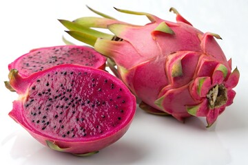 Fresh Whole and Halved Pink Dragon Fruit on White Background

