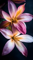 Obraz premium Closeup Two Delicate Pink Lilies Dark Background Floral Macro Photography