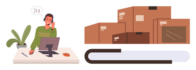 Customer service agent at a desk talking on a headset, multiple stacked boxes, logistics bar. Ideal for customer service, delivery management, logistics, warehouse organization, supply chain