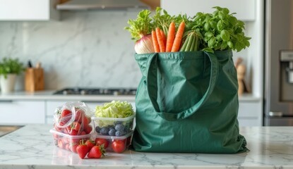 Green reusable bag with fresh vegetables on a marble countertop. Carrots, green beans, basil, berries and salad mix reflect eco shopping and healthy lifestyle