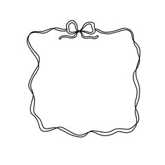 Hand-drawn whimsical square frame with double ribbon line and cute bow. Coquette and girly style, perfect for invitations, packaging, journaling, branding, or aesthetic content. Vector illustration