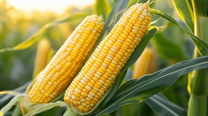 Closeup of two corn cocks in field