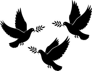 Obraz premium black doves with olive branches, in flight, black and white, silhouette, minimalist, peace symbol, symbol of hope