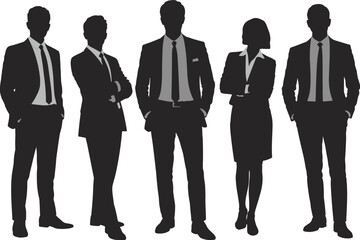 Flat vector illustration of professional business team silhouette in formal attire, representing leadership, teamwork, success, confidence, unity, and corporate