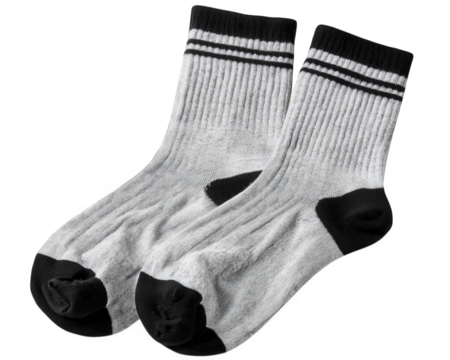 Gray sports socks with black stripe design ribbed texture reinforced heel and toe comfortable casual athletic suitable for men or women isolated on transparency background