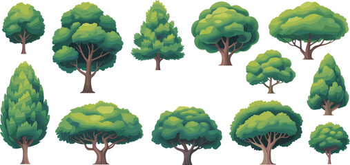 Cartoon tree collection, green foliage icons, forest illustration set, nature graphic pack