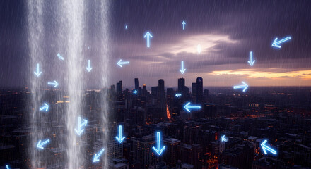 Futuristic Urban Data Flow and Energy Beam Over City Skyline at Dusk, Symbolizing Smart City Technology and Digital Connectivity