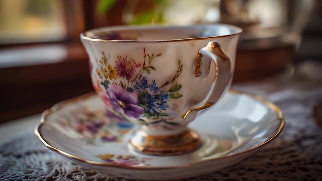A Detailed Close Up of an Ornate Porcelain Teacup with a Delicate Floral Pattern and Gold Accents Resting on a Lace Doily Near a Softly Lit Window