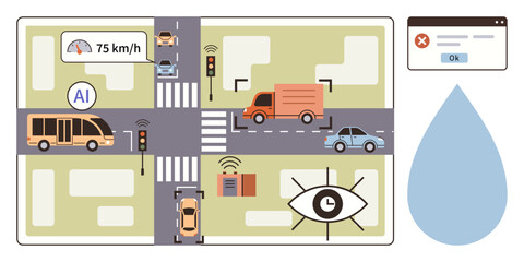 Autonomous traffic management system with AI, cars, bus, sensors, camera, speedometer, and alert. Ideal for smart cities, transportation automation safety efficiency technology and innovation