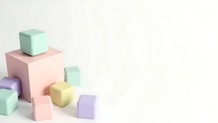 Soft pastel colored geometric cubes and blocks arranged on a white background
