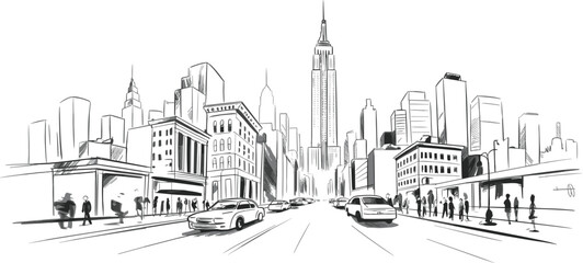 Black and white pencil sketch of a busy city street with skyscrapers, cars, pedestrians, and urban architecture illustration