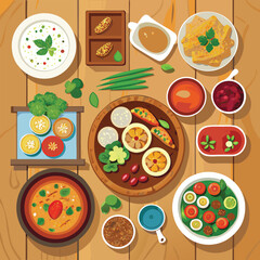 Top view of traditional Asian food dishes on wooden table, delicious cuisine and multicultural meal illustration.