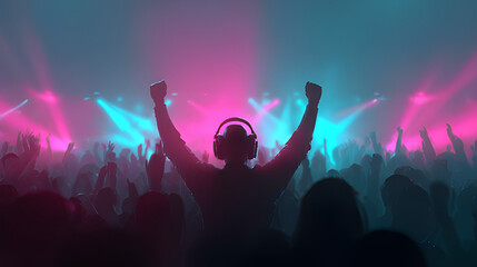 Obraz premium Crowd of people cheering and dancing at a colorful spotlight neon concert. Blur crowd watching live show concert in nightclub. Dj rave crowd, dj battle party winter urban music