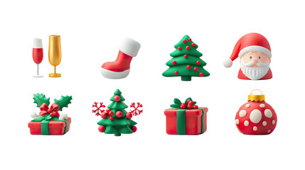 Colorful 3D Christmas icons featuring Santa, gifts, tree, ornaments, and festive drinks on white background. Holiday-themed cartoon style objects ideal for seasonal design.