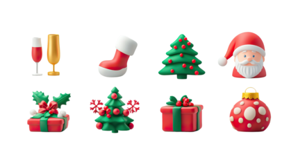 Colorful 3D Christmas icons featuring Santa, gifts, tree, ornaments, and festive drinks on white background. Holiday-themed cartoon style objects ideal for seasonal design.