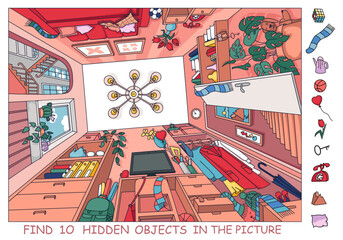 Find 10 hidden objects in the picture. Room from bottom to top. Interior with furniture and home objects. Cozy family room. Learning English. Linear sketch vector illustration.
