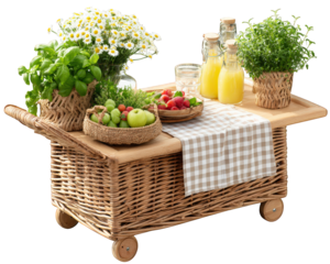 Wicker picnic cart with fresh fruit, juice, herbs, and flowers on wooden top, checkered cloth, outdoor summer setting, cheerful and inviting atmosphere