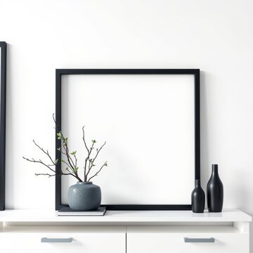 Mock up square black frame with houseplant branches black and blue decor white shelf against a white wall copy space book mockup Ultra realistic Photorealistic 