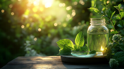 Clear liquid in glass jar with mint leaves on wooden table outdoors essential oil herbal