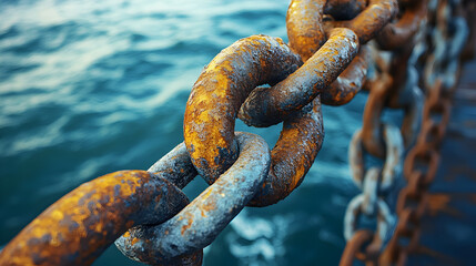Vintage rusty anchor with corroded steel chain attached to pier, industrial nautical equipment detail in shipyard harbor, textured maritime hardware against ocean background