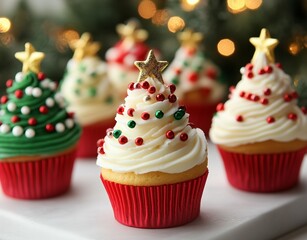 A variety of festive Christmas tree-shaped cupcakes with different colored frosting and star toppers