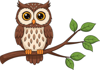 Cartoon Owl on Tree Branch — Cute Brown Bird with Big Eyes, Spotted Chest, and Green Leaves in Forest-Themed Illustration