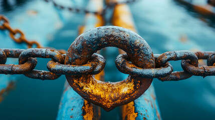 Heavy metal anchor chain secured to vessel dock, detailed closeup of weathered rusty anchor equipment in industrial maritime harbor with calm ocean waters in the background