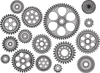 Mechanical gears illustration, detailed gear mechanism, black and white steampunk design, vintage industrial wheels, engineering drawing, machine components artwork