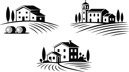 Minimalist black and white farm landscape illustrations, countryside houses and church, rural field scene vector for agricultural and rustic design
