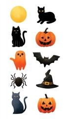 Seasonal collection of Halloween-themed illustrations featuring black cats, pumpkins, and spooky characters