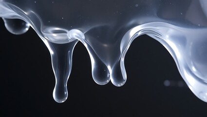 Close up of clear viscous liquid dripping and flowing against a dark background