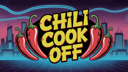 Cyberpunk chili cook-off banner with neon peppers and glitchy digital font