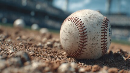 Close-up of a baseball resting on the ground with stadium in background