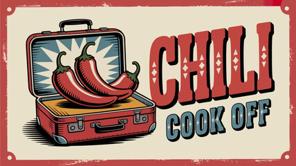 Vintage travel chili cook-off banner with suitcase peppers and retro typeface