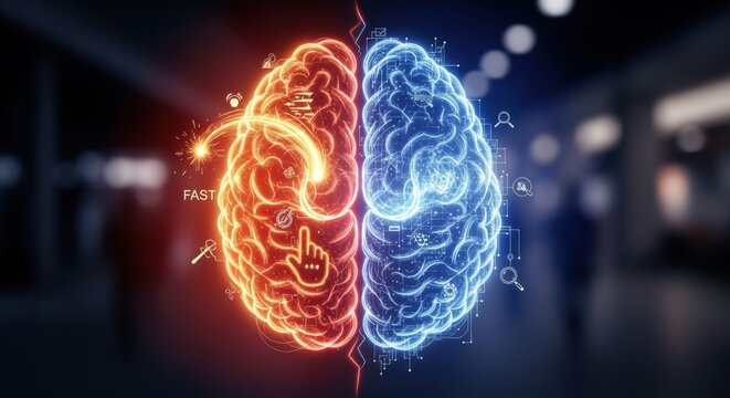 Illustration of a split human brain with one side representing quick intuitive decisions and the other side representing slow analytical thinking symbolizing dualprocess theory in