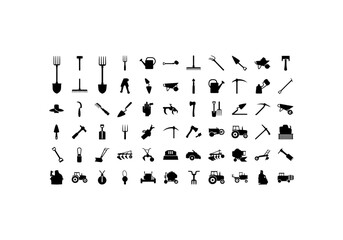 collection of 50 farming tool silhouettes, shovel, rake, watering can, tractor, vector flat style, black on white background, grid layout

