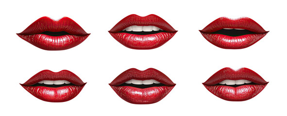 Red lips in multiple expressions isolated on black background with glossy sheen. Sensual mouth shots showcase vibrant color, detailed textures, and subtle highlights. Ideal for beauty campaigns