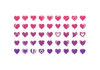 set of 50 heart silhouettes, gradient colors from pink to purple, various styles and shapes, isolated on white background, arranged in grid layout
