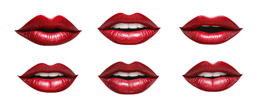 Red lips in multiple expressions isolated on black background with glossy sheen. Sensual mouth shots showcase vibrant color, detailed textures, and subtle highlights. Ideal for beauty campaigns