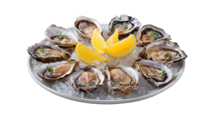 Fresh oyster shellfish seafood ice lemon appetizer gourmet raw delicacy chilled arranged on white plate for elegant dining experience