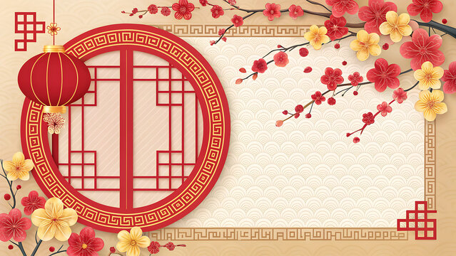 A festive chinese new year background with a traditional red lantern, blossoming flowers, and a decorative frame, perfect for celebrating the spring festival and lunar new year