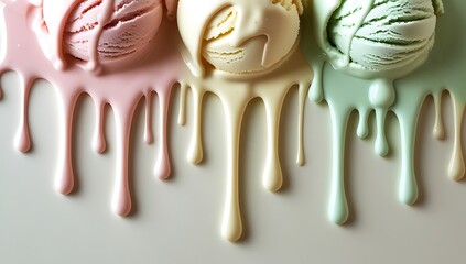 Close up of three scoops of melting ice cream in pastel colors dripping down