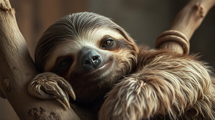 Naklejka premium Close-Up Portrait of a Smiling Two-Toed Sloth Resting on Tree Branch