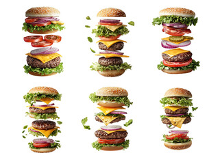 A towering burger creation with layers of fresh ingredients amidst a white background, showcasing culinary artistry in a vibrant setting