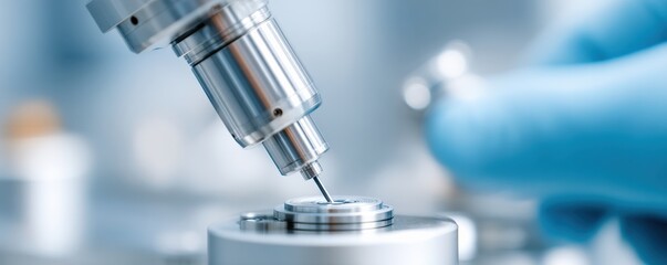 maintenance technical machinery optimization concept. Precision syringe in lab with gloved hand.