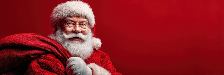 Santa Claus smiling cheerfully while carrying a large red sack on a vibrant red background during the festive season