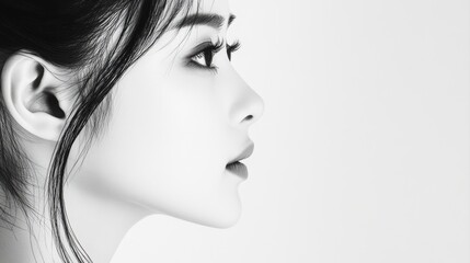 Fototapeta premium a beautiful chinese woman With a ponytail is peeking from the edge of a white background, only her half face is visible, in a simple, minimalistic style with high contrast between black and white,