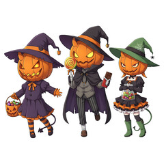 Cute halloween witch girl holding pumpkin basket, anime style, PNG sticker, halloween costume, trick or treat. transparent background